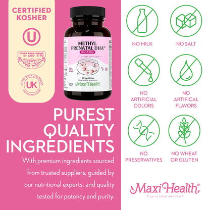 Detalle instrucciones Maxi Health methyl prenatal DHA cápsulas