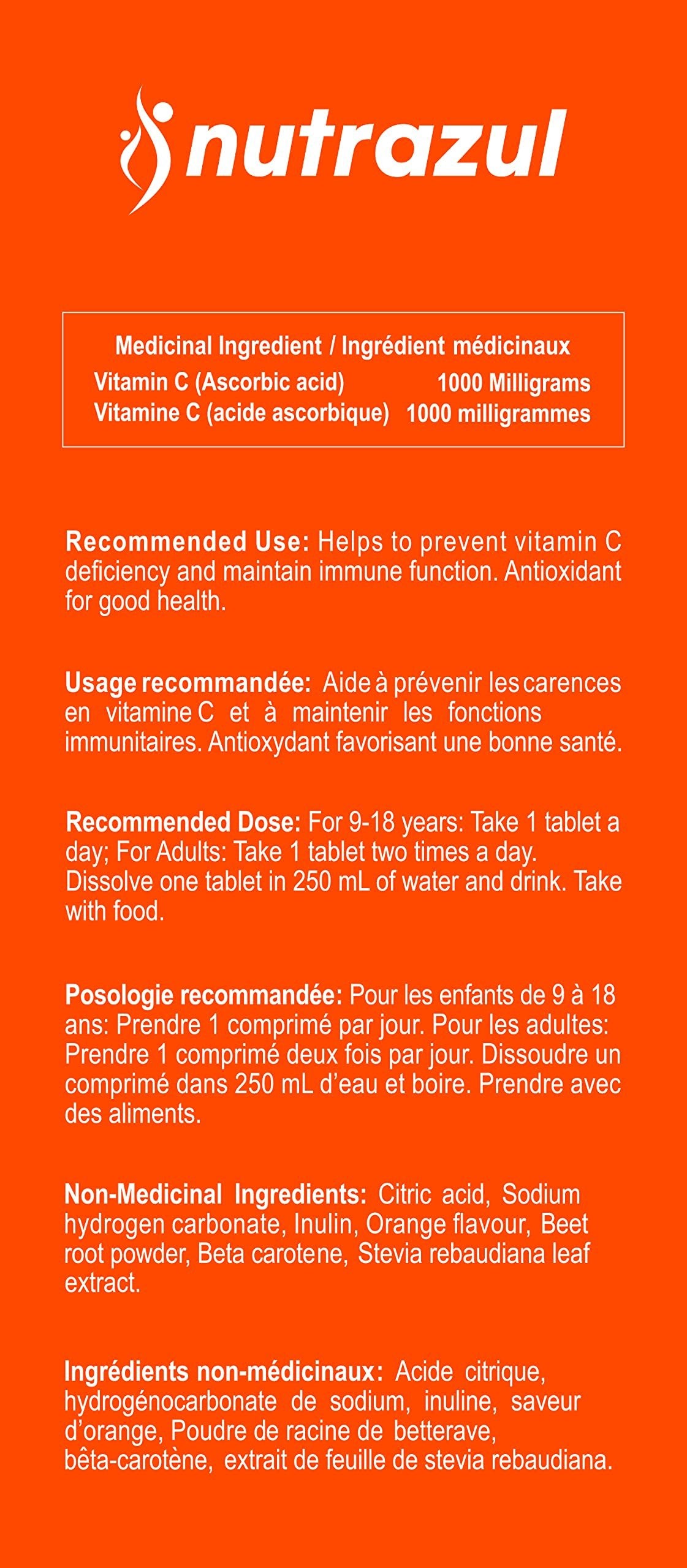 Detalle nutricional Nutrazul vitamina C 1000 mg