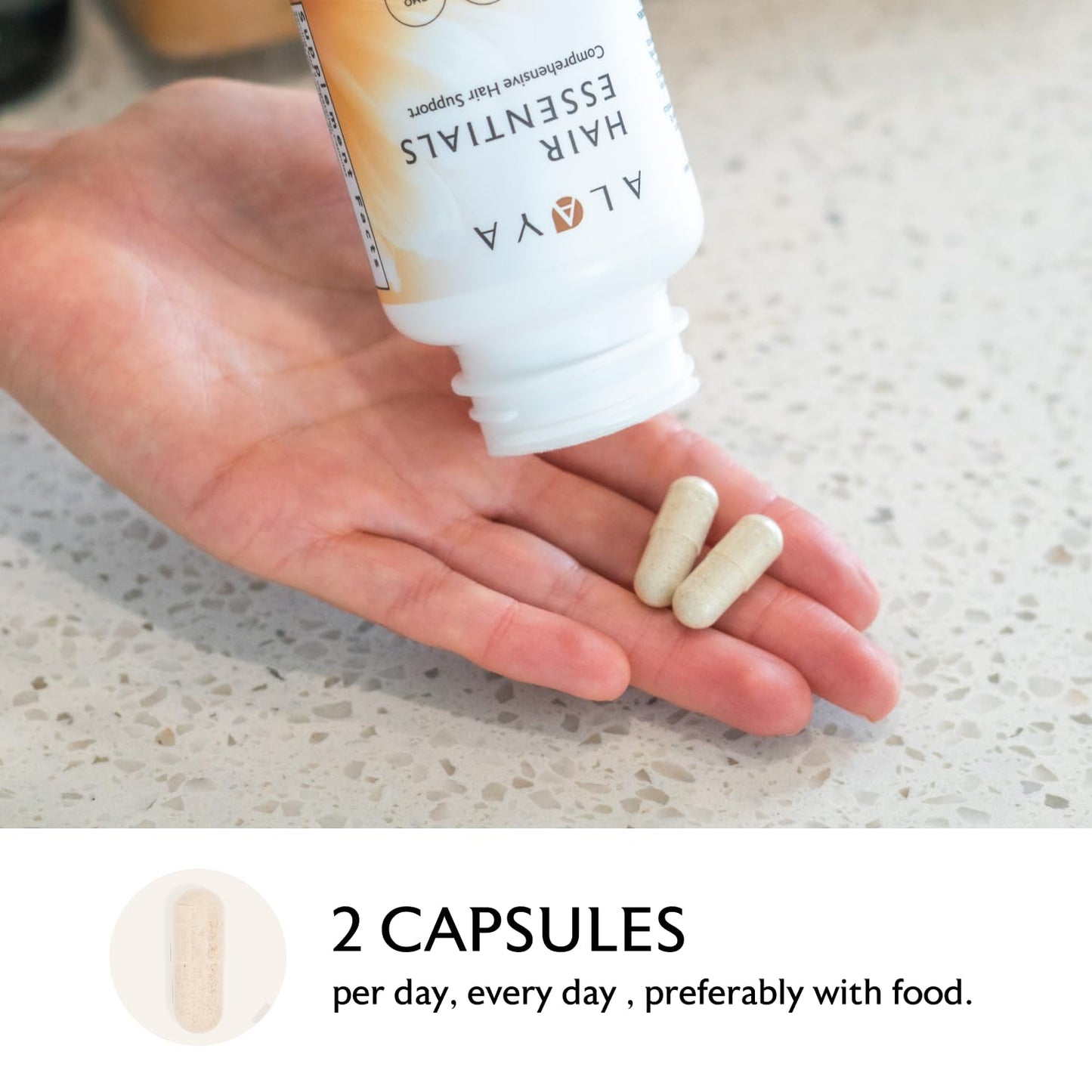 Detalle pastillas suplemento capilar Alaya Hair Essentials