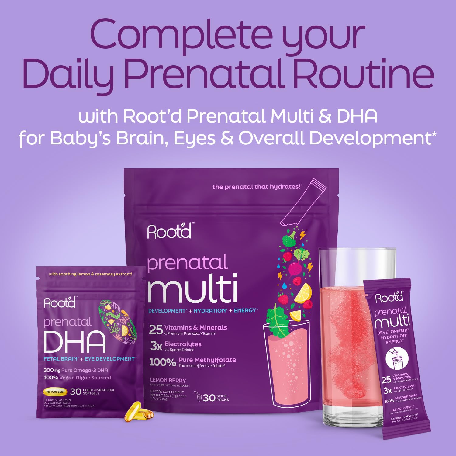 Detalle del polvo prenatal vegano Root'd para desarrollo fetal