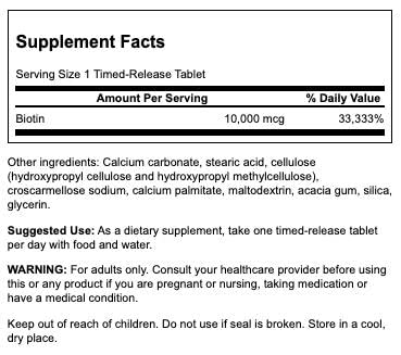 Detalle de tabletas de Biotina Swanson 10000 mcg