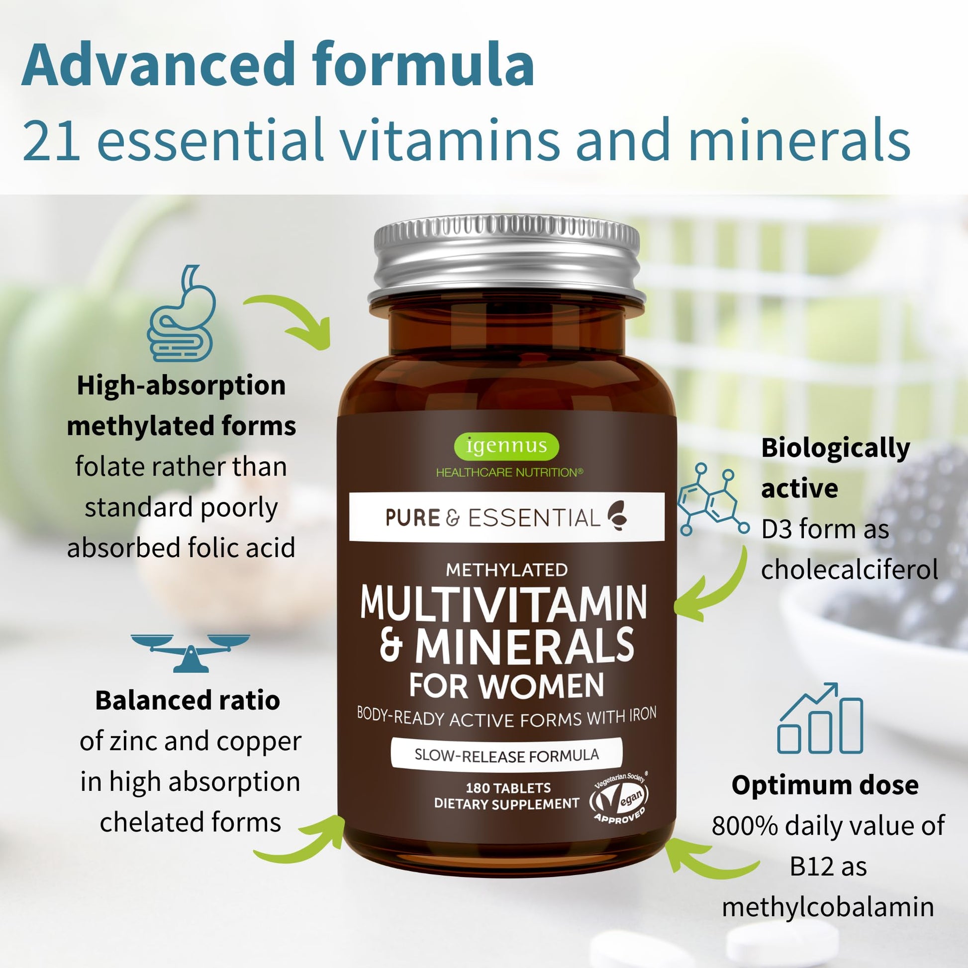 Detalles de la fórmula avanzada de multivitaminas Igennus