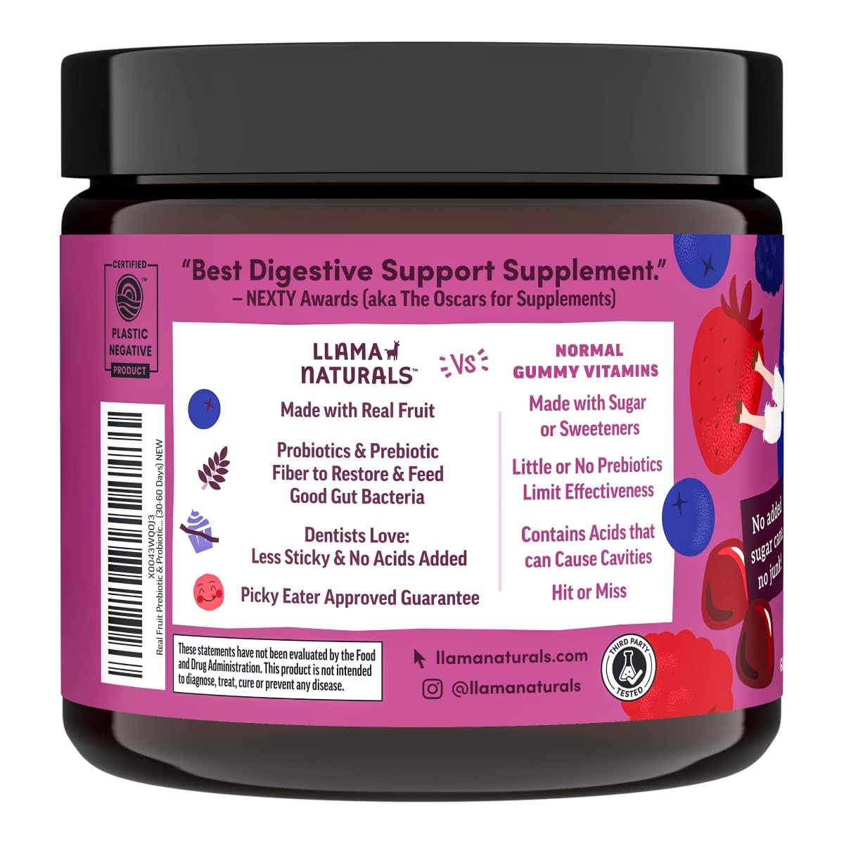 Detalles gomitas probióticos Llama Naturals sabor frutos rojos