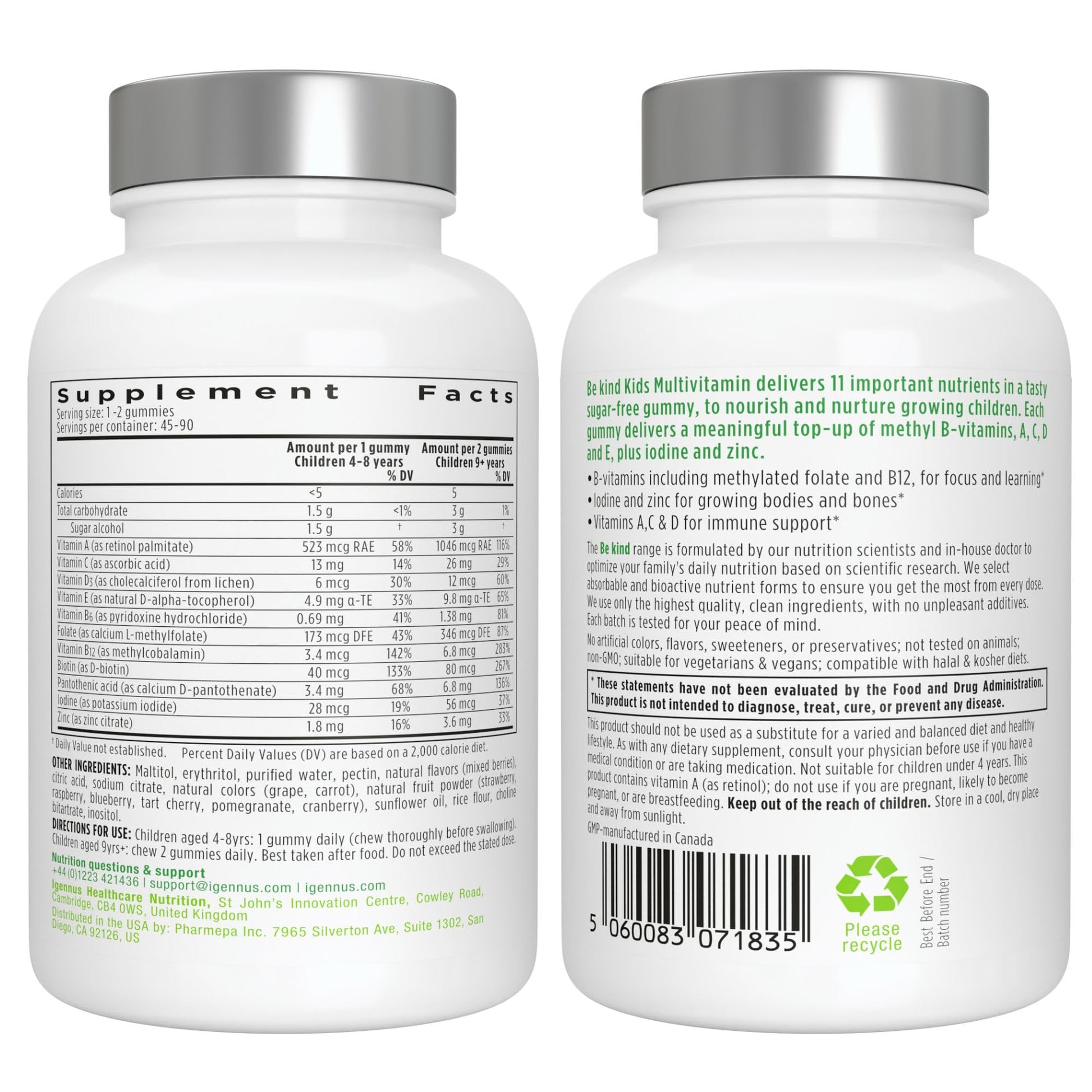 Detalles de ingredientes en etiquetas de Igennus multivitamínico para niños.