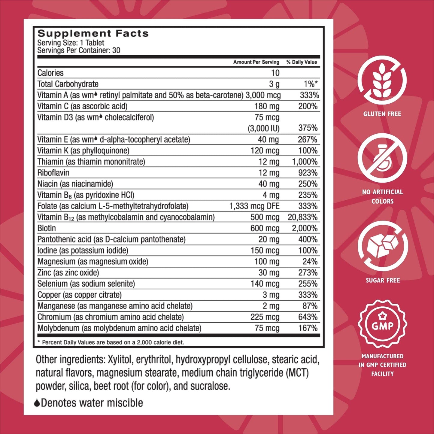 Detalles de ingredientes del multivitamínico CelebrateONE con vitaminas y minerales.
