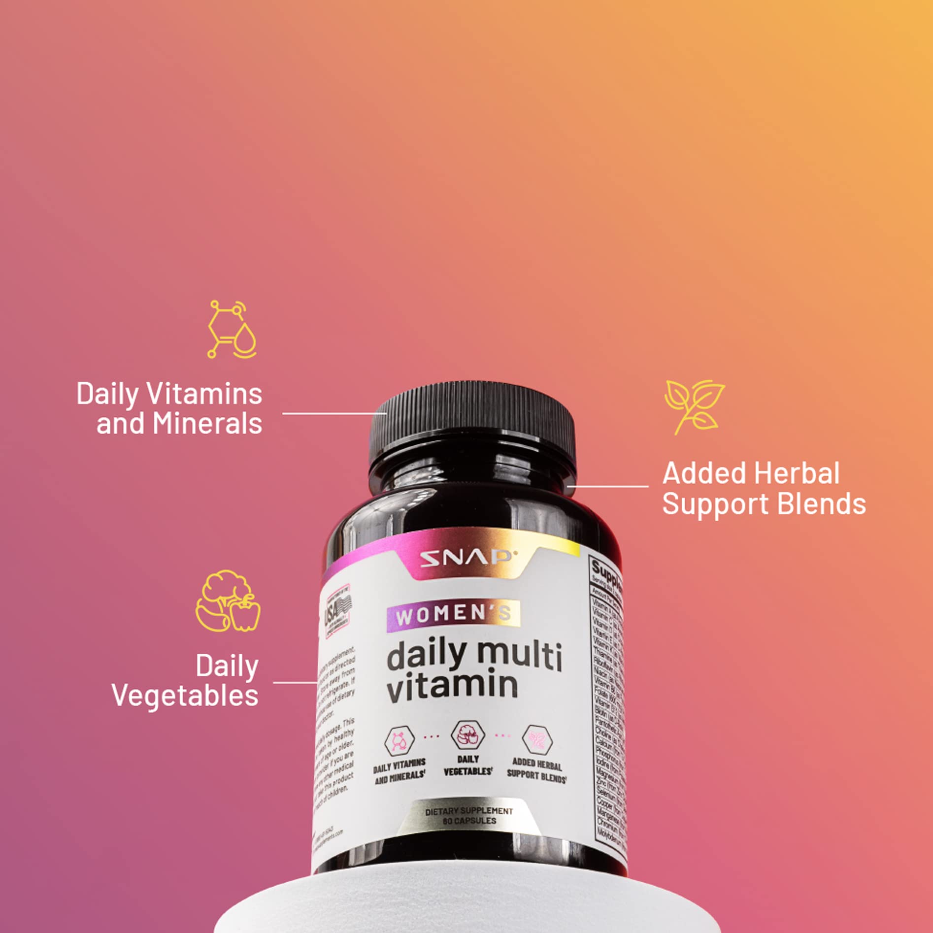 Detalles de ingredientes y soportes herbales en Snap multivitamínico