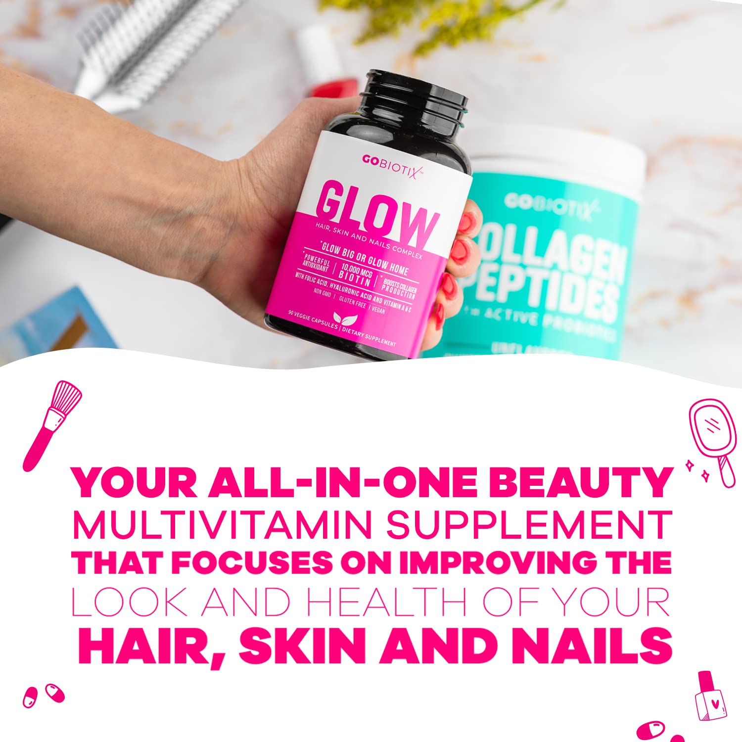Detalles del multivitamínico Glow para belleza.