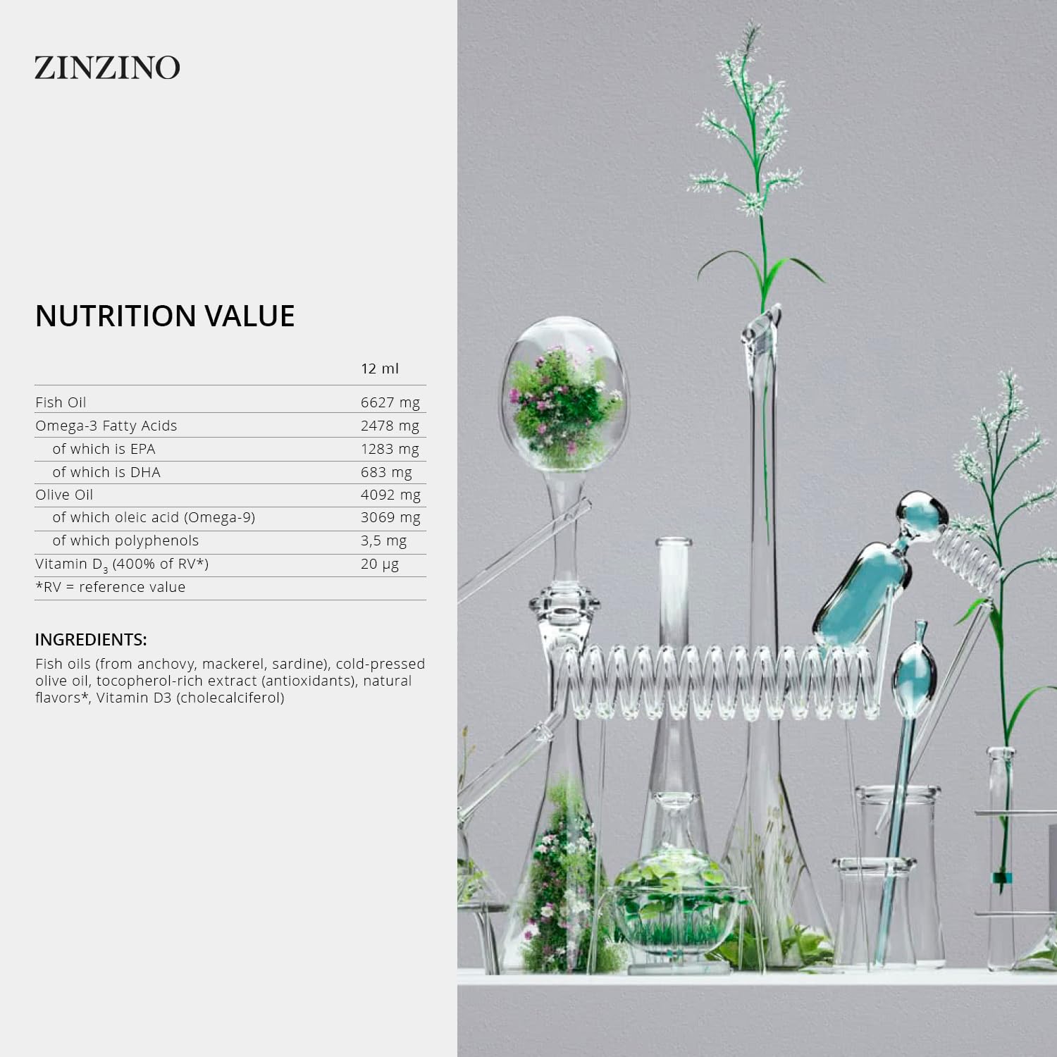 Detalles nutricionales de BalanceOil+ para salud y bienestar.
