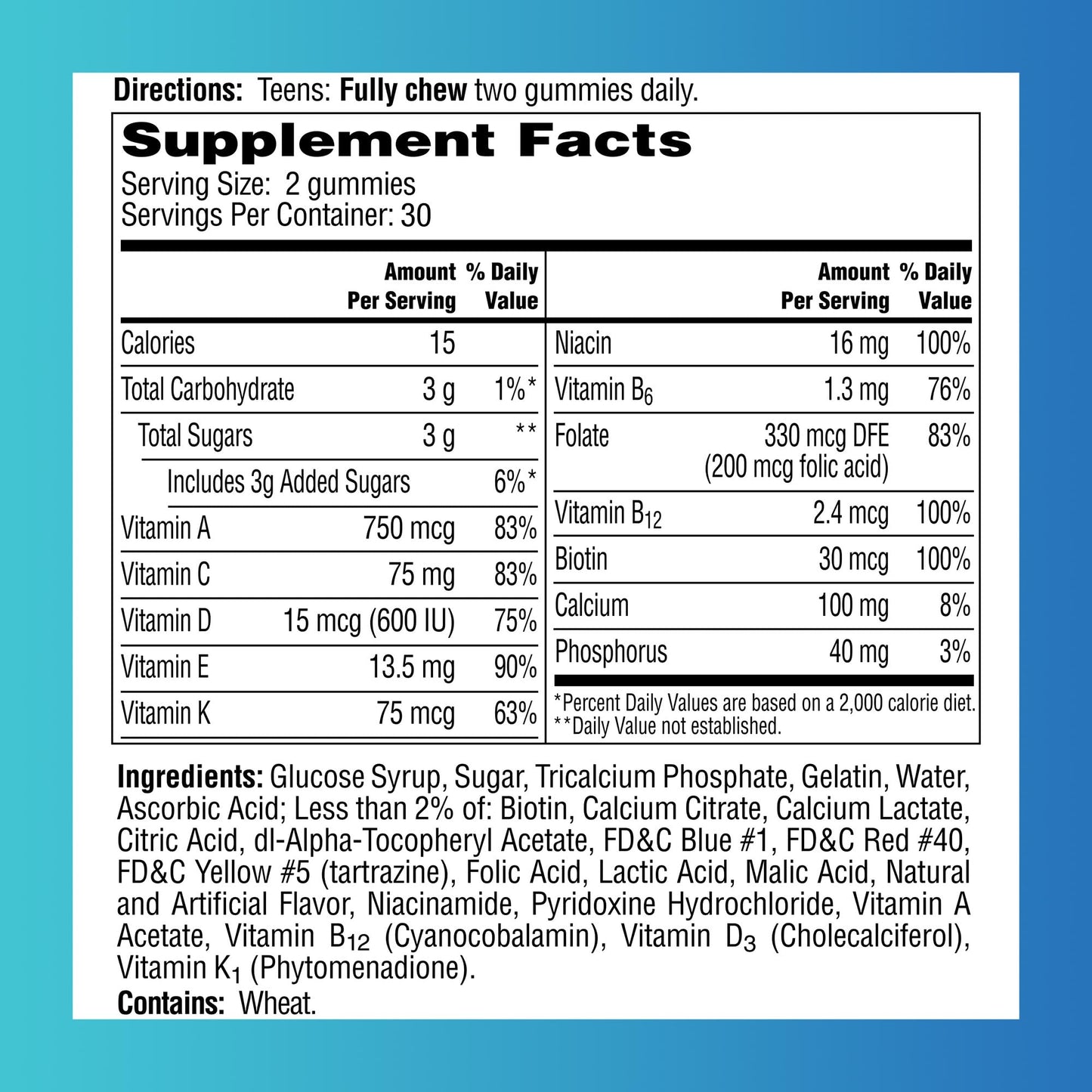 Detalles nutricionales de gomitas multivitamínicas para adolescentes.