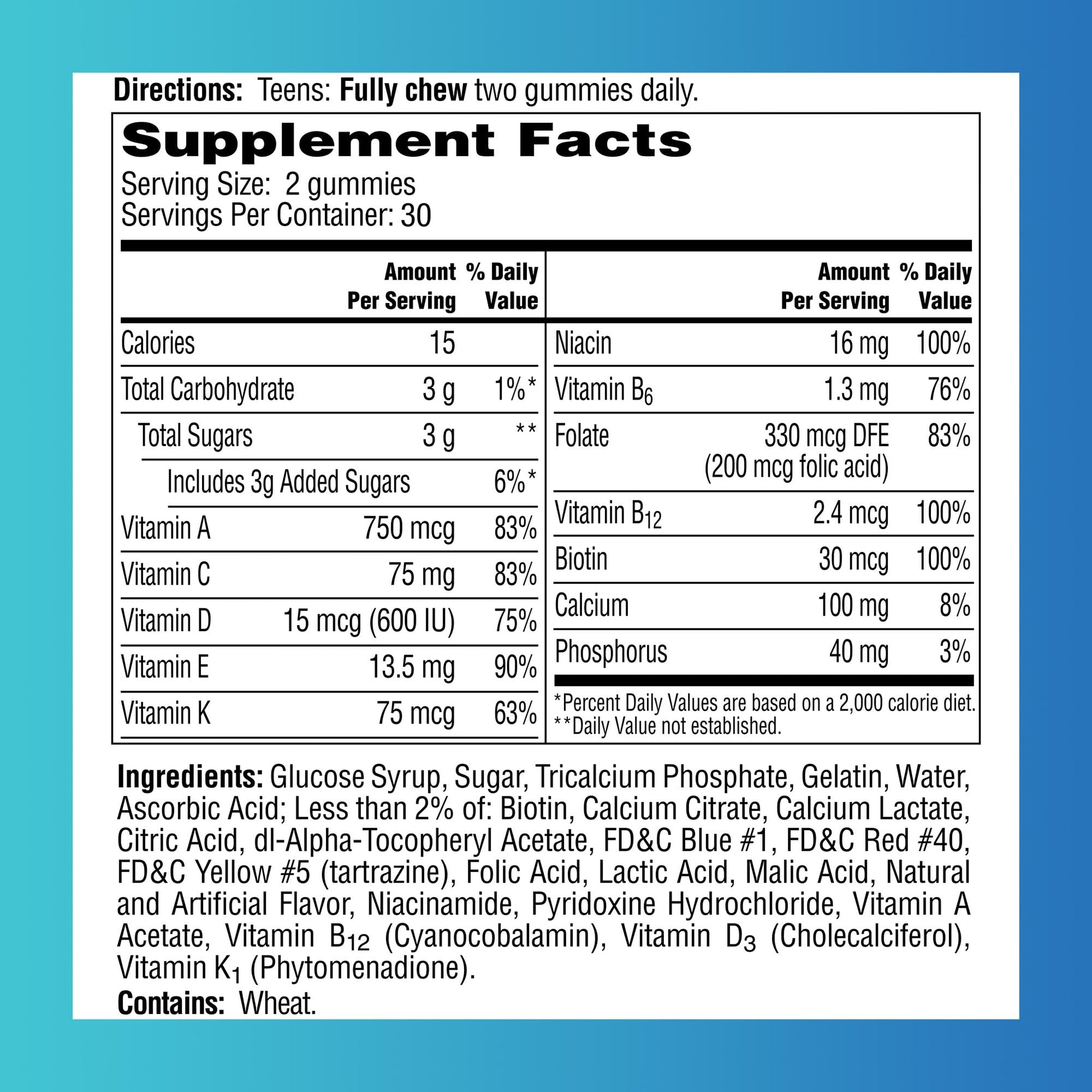 Detalles nutricionales de gomitas multivitamínicas para adolescentes.