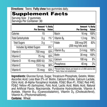 Detalles nutricionales de gomitas multivitamínicas para adolescentes.