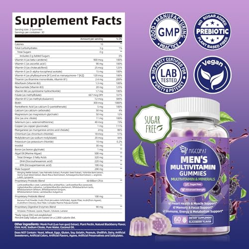 Detalles nutricionales de las gomitas multivitamínicas para hombres Migcopat