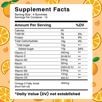 Detalles nutricionales de las gomitas multivitamínicas con Omega 3