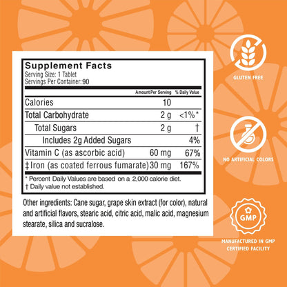 Detalles nutricionales del hierro con vitamina C de Celebrate, libre de calcio.