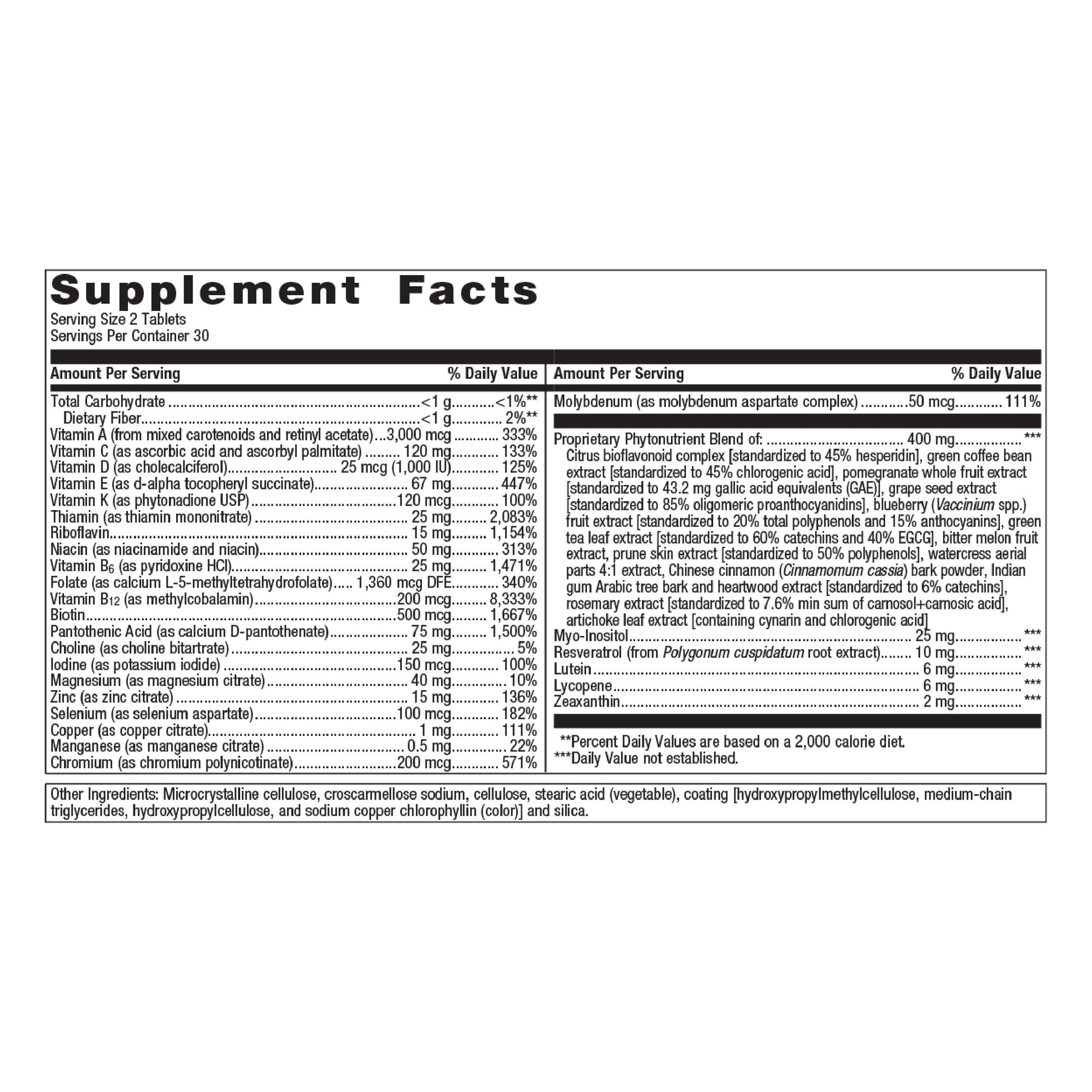 Detalles nutricionales de Metagenics PhytoMulti