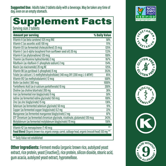 Detalles nutricionales del multivitamínico con vitaminas y minerales.