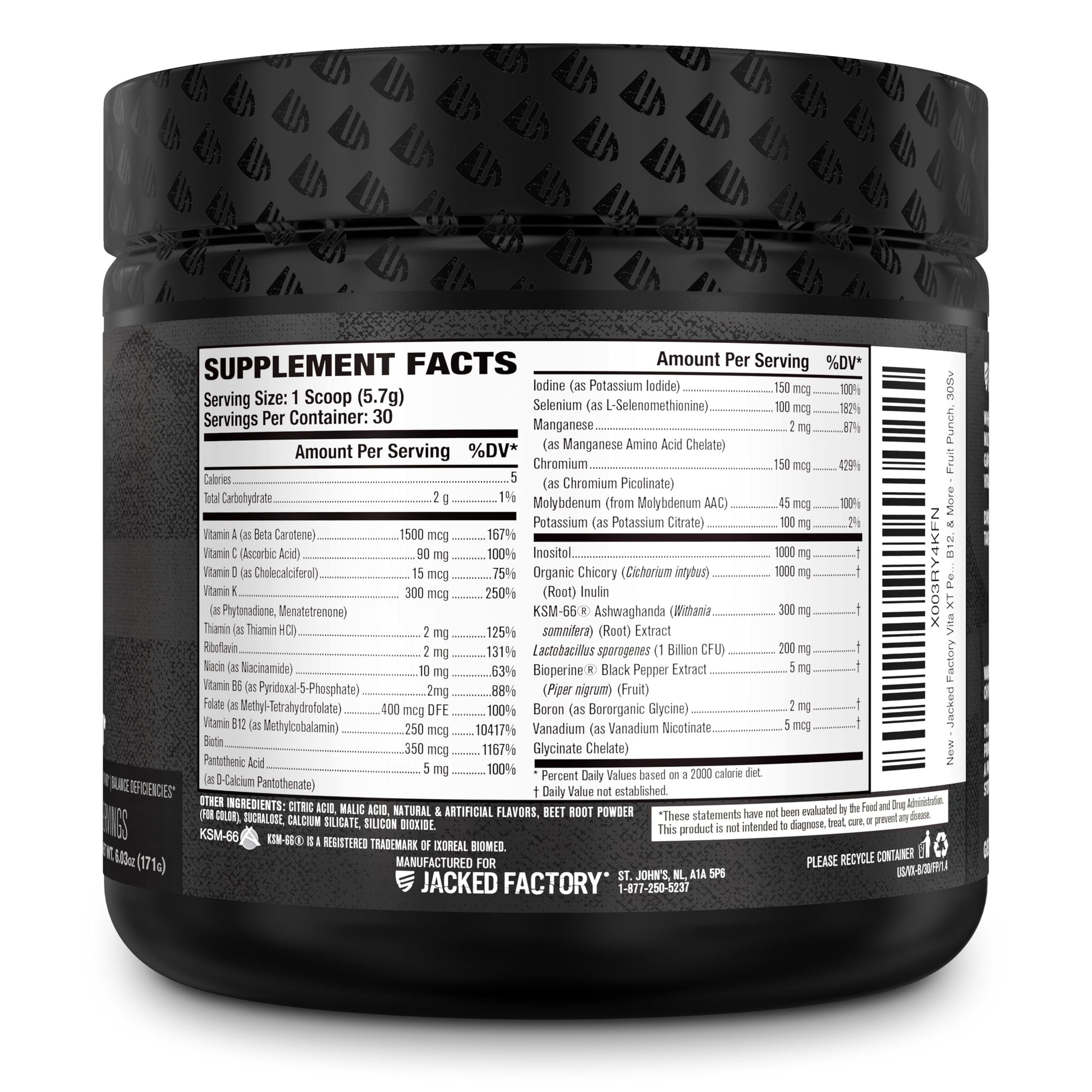 Detalles nutricionales del Vita XT Jacked Factory en polvo.