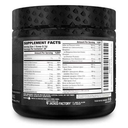 Detalles nutricionales del Vita XT Jacked Factory en polvo.