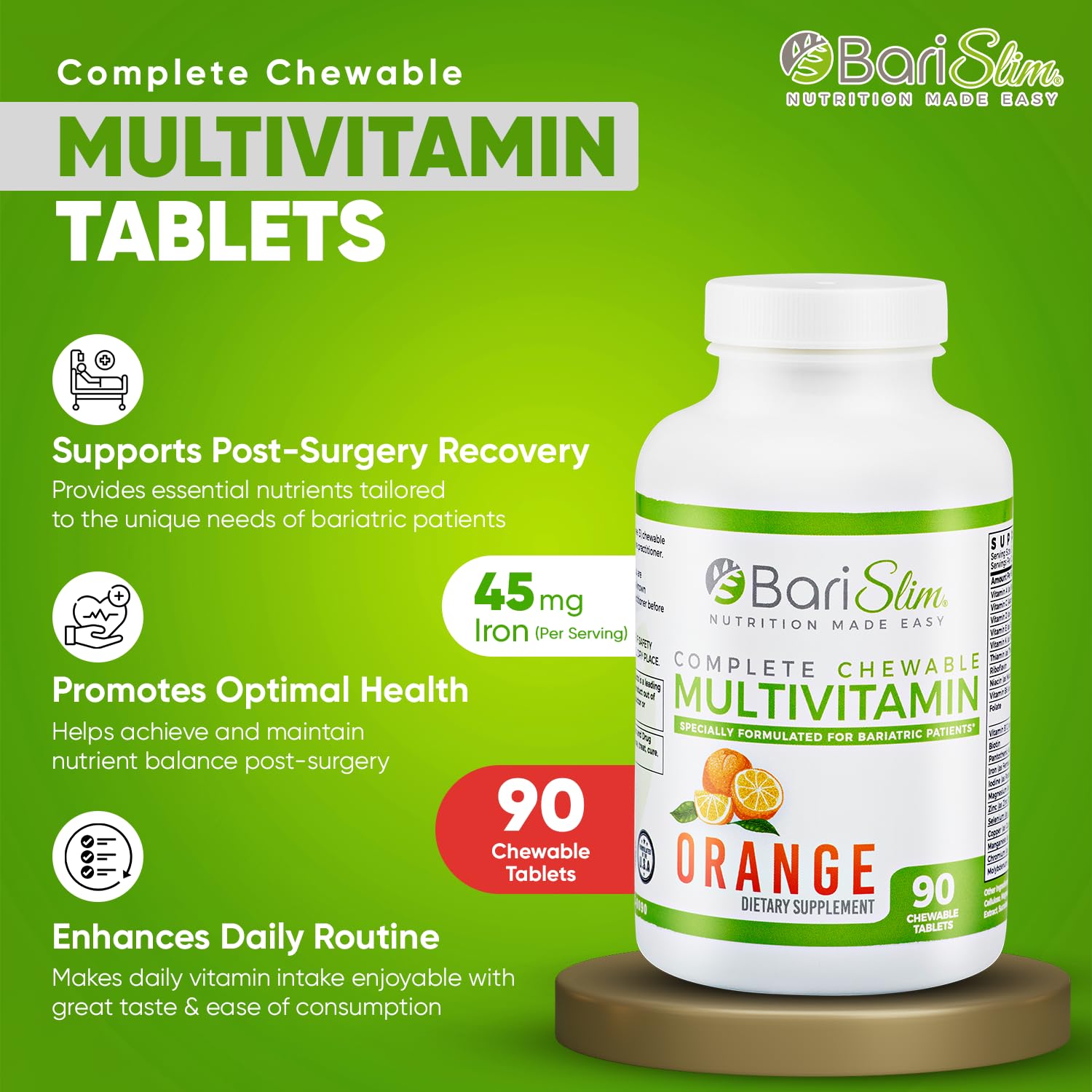 Detalles de nutrientes y hierro en BariSlim multivitaminas.