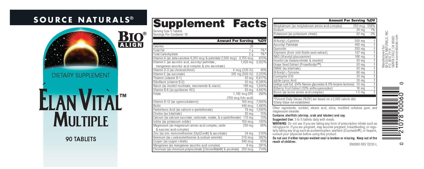 Detalles de suplemento Elan Vital Múltiple Source Naturals.