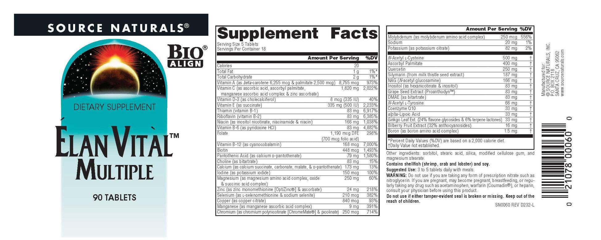 Detalles de suplemento Elan Vital Múltiple Source Naturals.