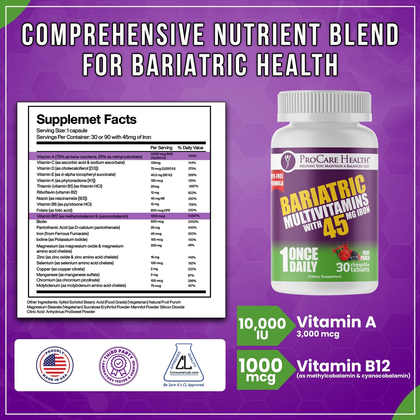 Detalles de vitaminas y minerales en el frasco de ProCare multivitamínico