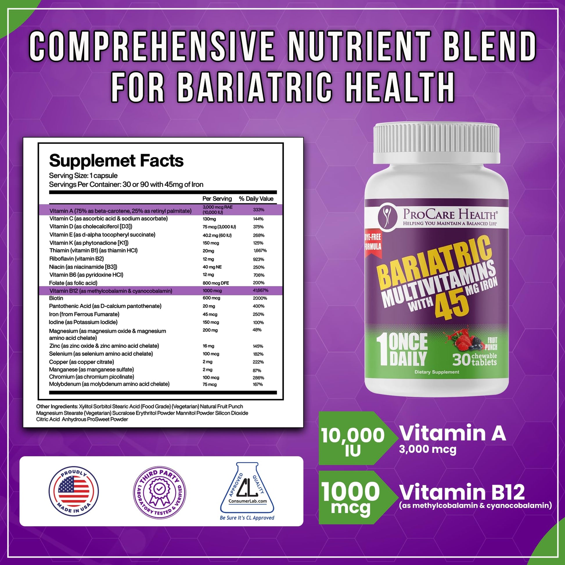 Detalles de vitaminas y minerales en el frasco de ProCare multivitamínico