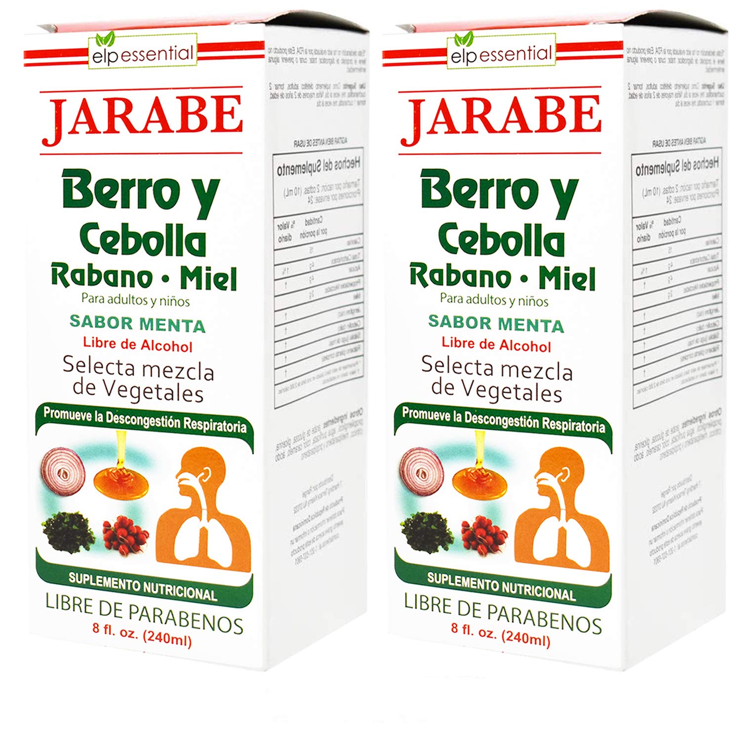 Dos presentaciónes de jarabe berro y cebolla