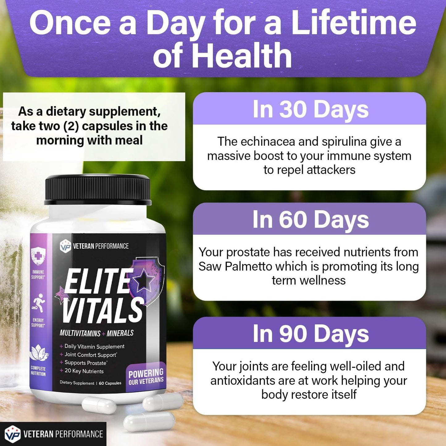 Dosis diaria sugerida de Elite Vitals para vitalidad.
