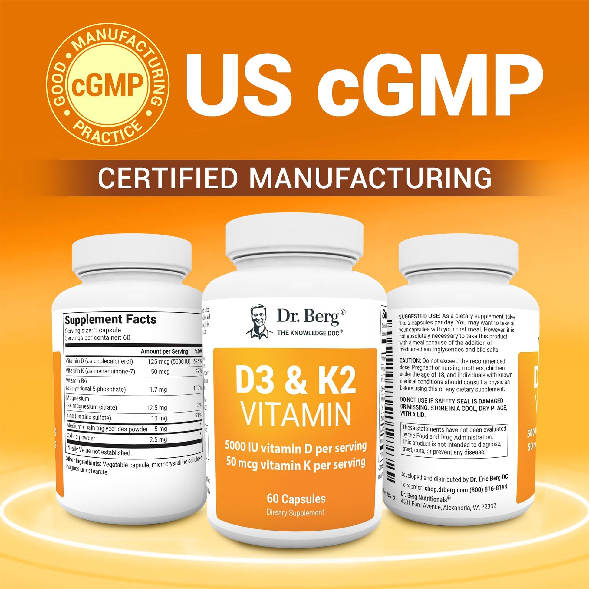 Dr. Berg vitamina D3 K2 etiqueta con detalles de producción y certificación