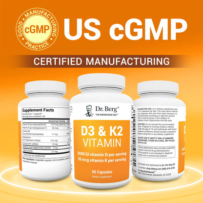 Dr. Berg vitamina D3 K2 etiqueta con detalles de producción y certificación