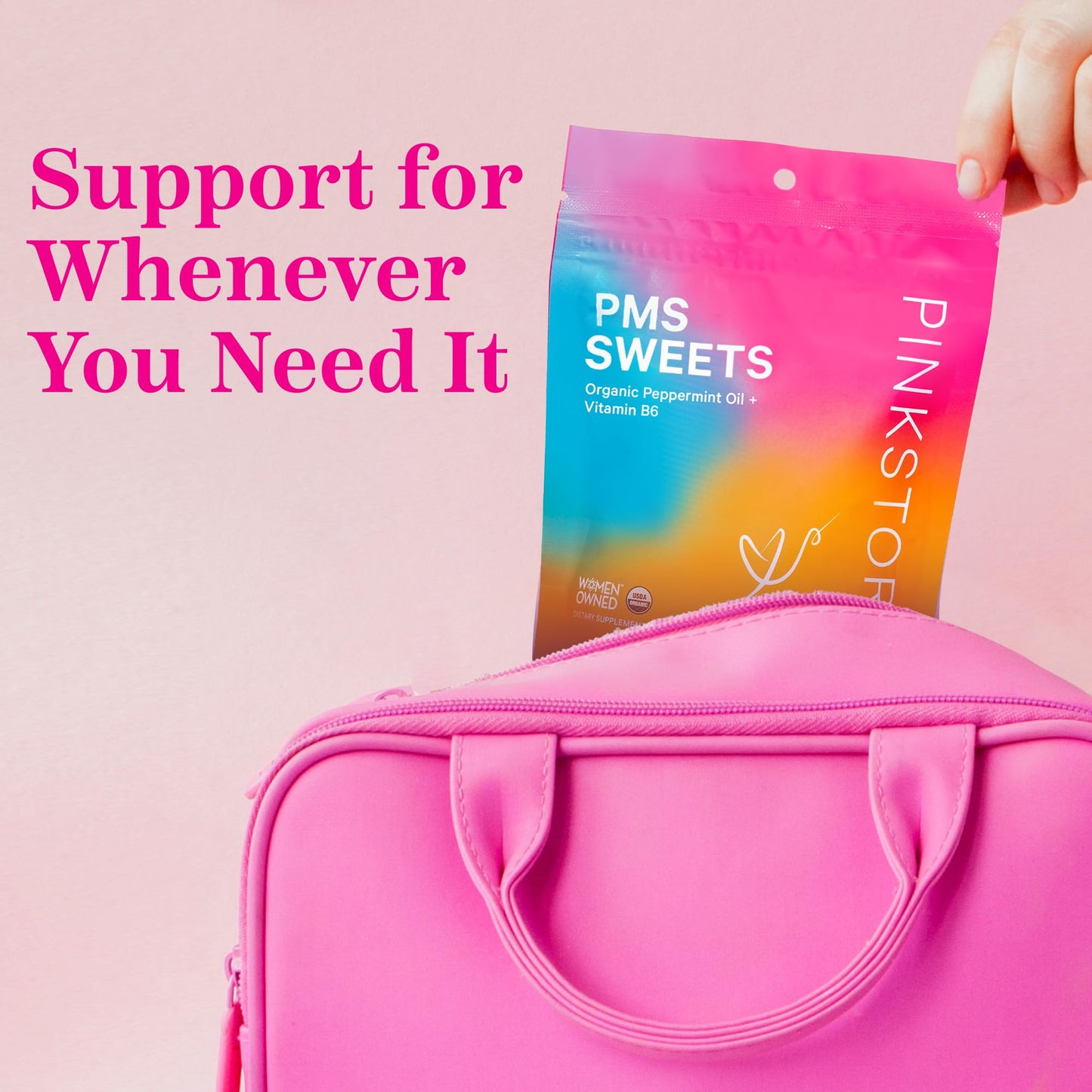 Dulces Pink Stork en bolso rosa
