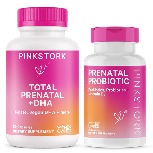 Dúo vitaminas prenatales Pink Stork botella frontal