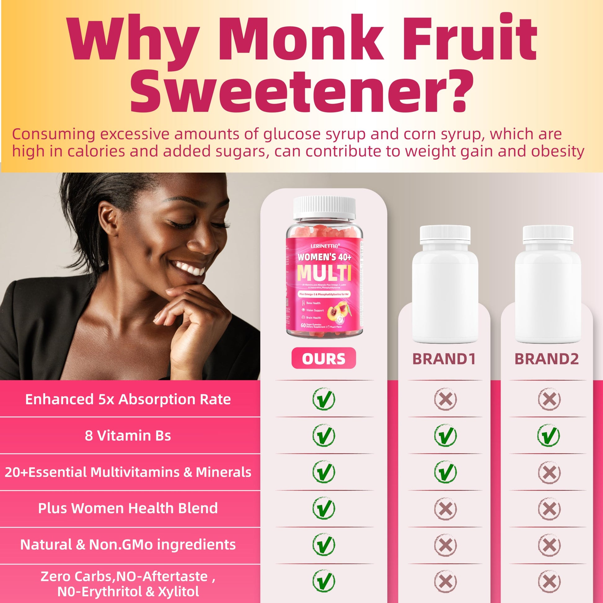 Multivitamínico con edulcorante de fruta de monje para mujeres mayores de 40 años.