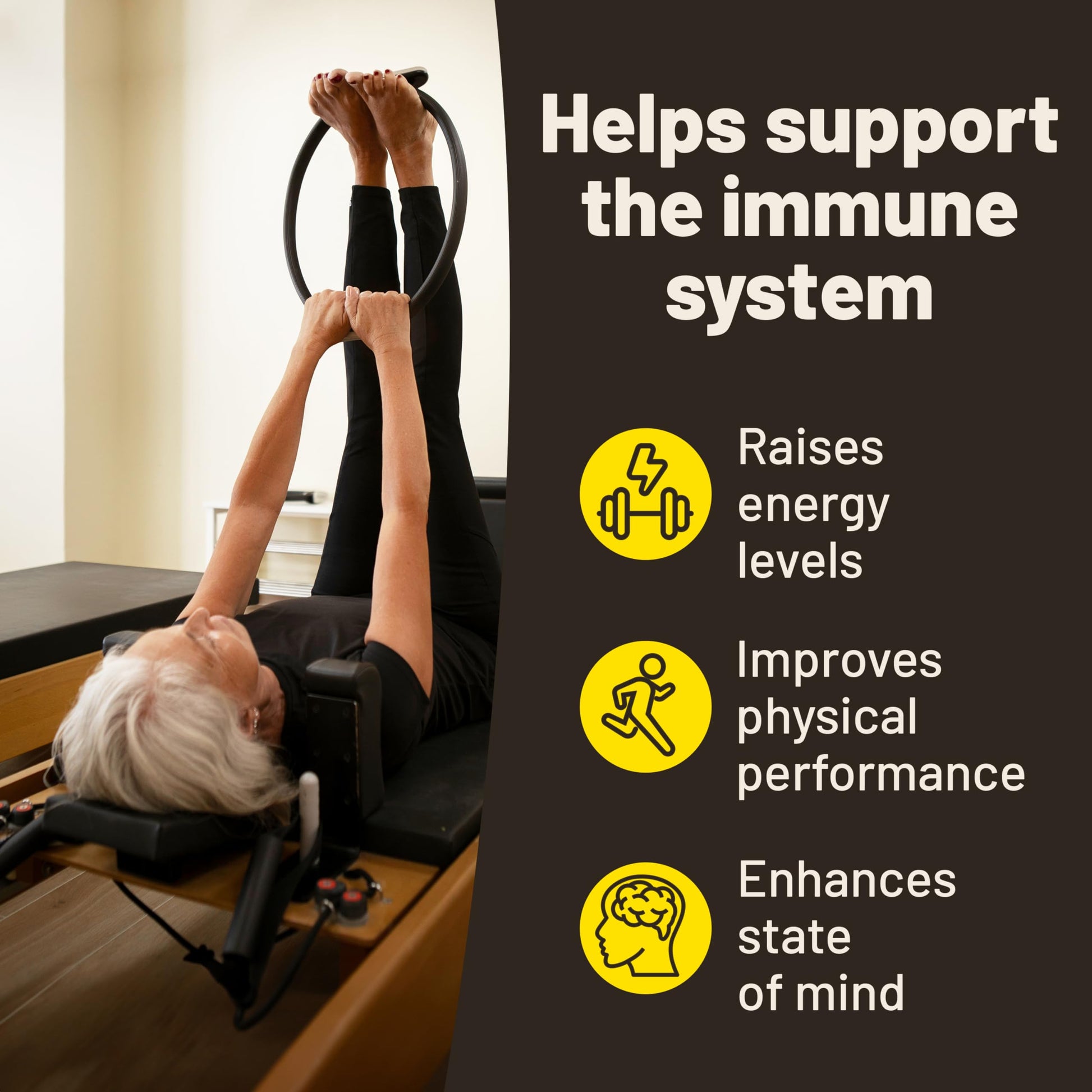 Ejercicio de pilates con suplemento de Lion's Mane.