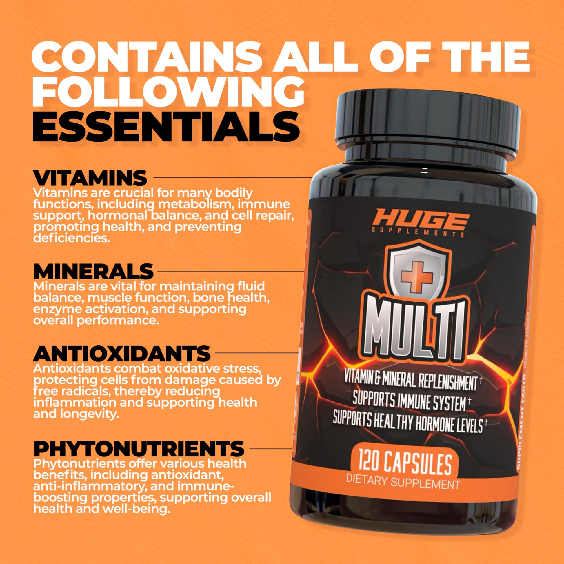 Elementos esenciales en el multivitamínico Huge Multi para hombres