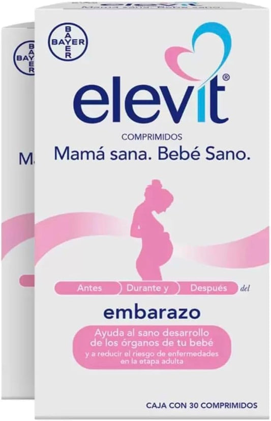 Caja de multivitamínico prenatal Elvit 30 tabletas color rosa