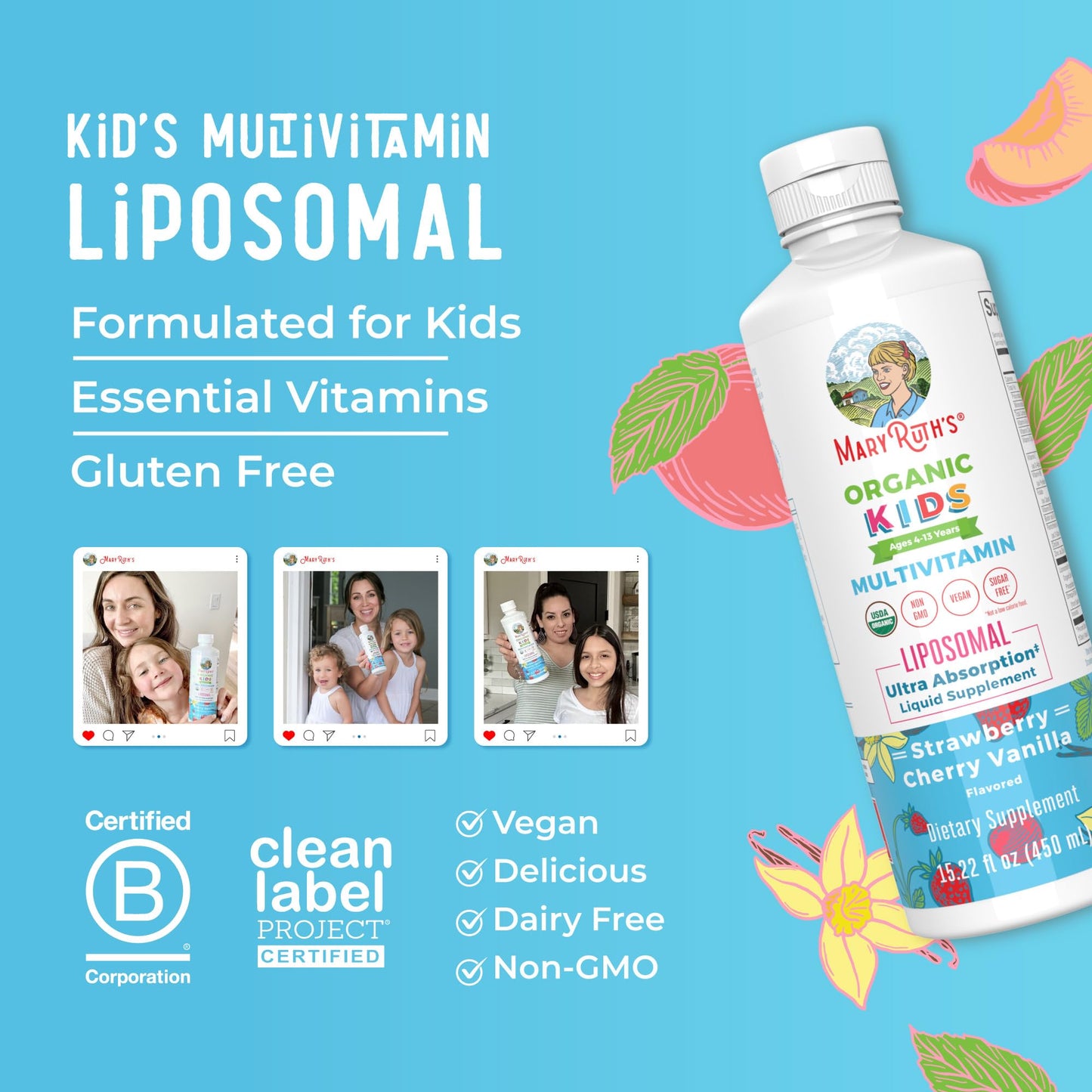 Embalaje del multivitamínico liposomal para niños MaryRuth's con descripción de beneficios
