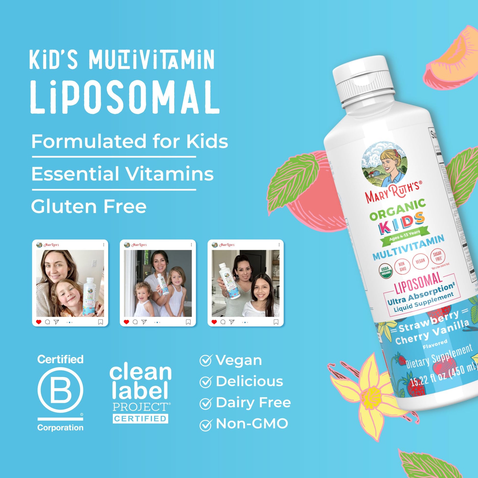 Embalaje del multivitamínico liposomal para niños MaryRuth's con descripción de beneficios