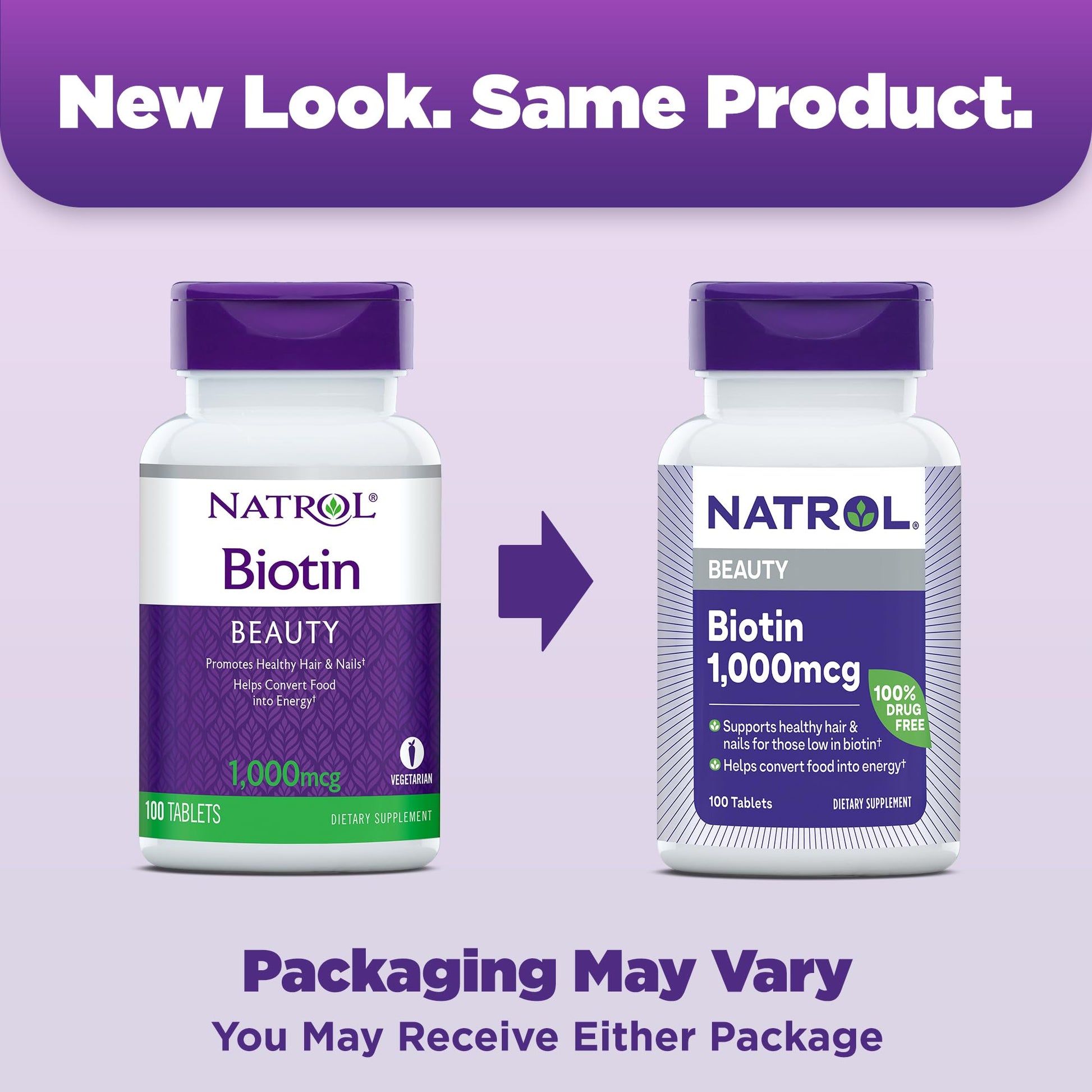 Embalaje de Natrol Biotina para salud de cabellos, piel y uñas