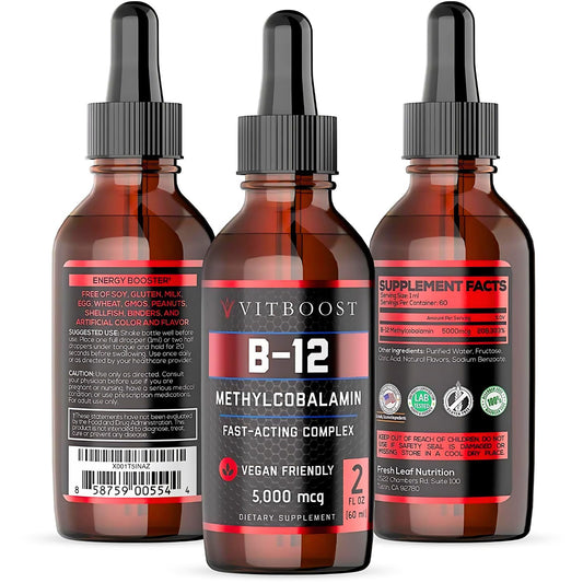 Embalaje Vitboost suplemento líquido b12 vegano 5000 mcg
