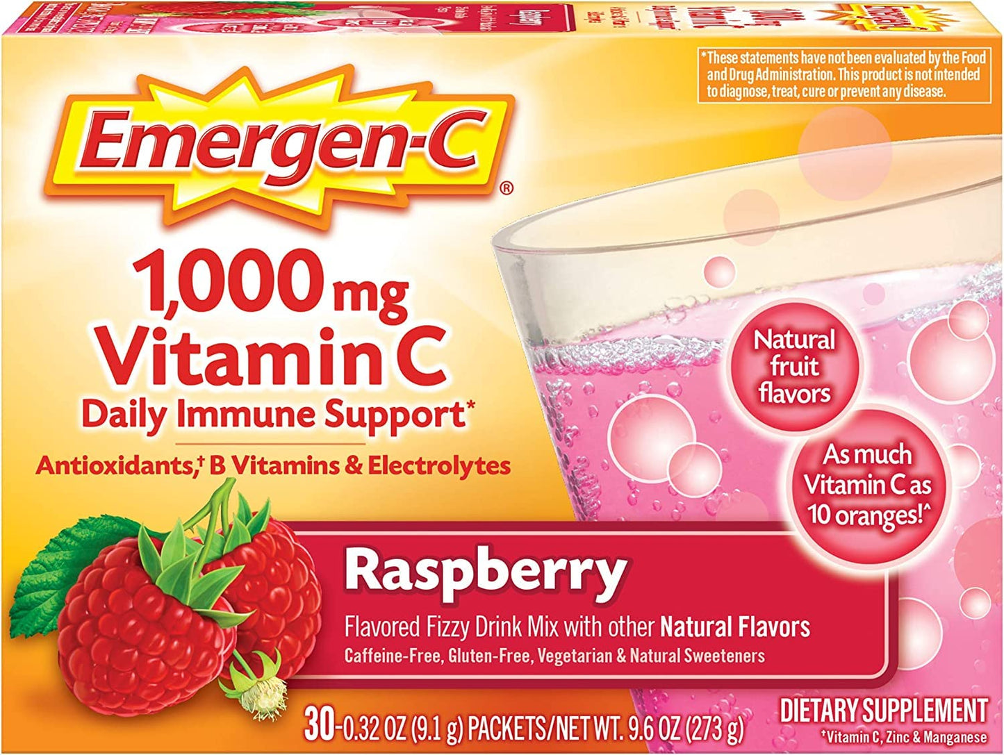 Paquete Emergen-C vitamina C mezcla efervescente sabor frambuesa 30 sobres