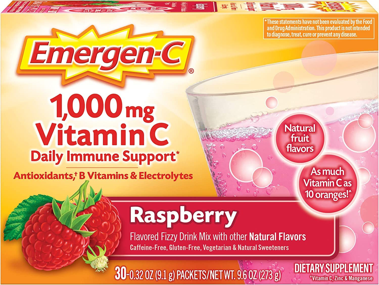 Paquete Emergen-C vitamina C mezcla efervescente sabor frambuesa 30 sobres