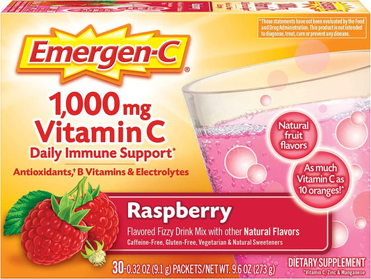 Paquete Emergen-C vitamina C mezcla efervescente sabor frambuesa 30 sobres