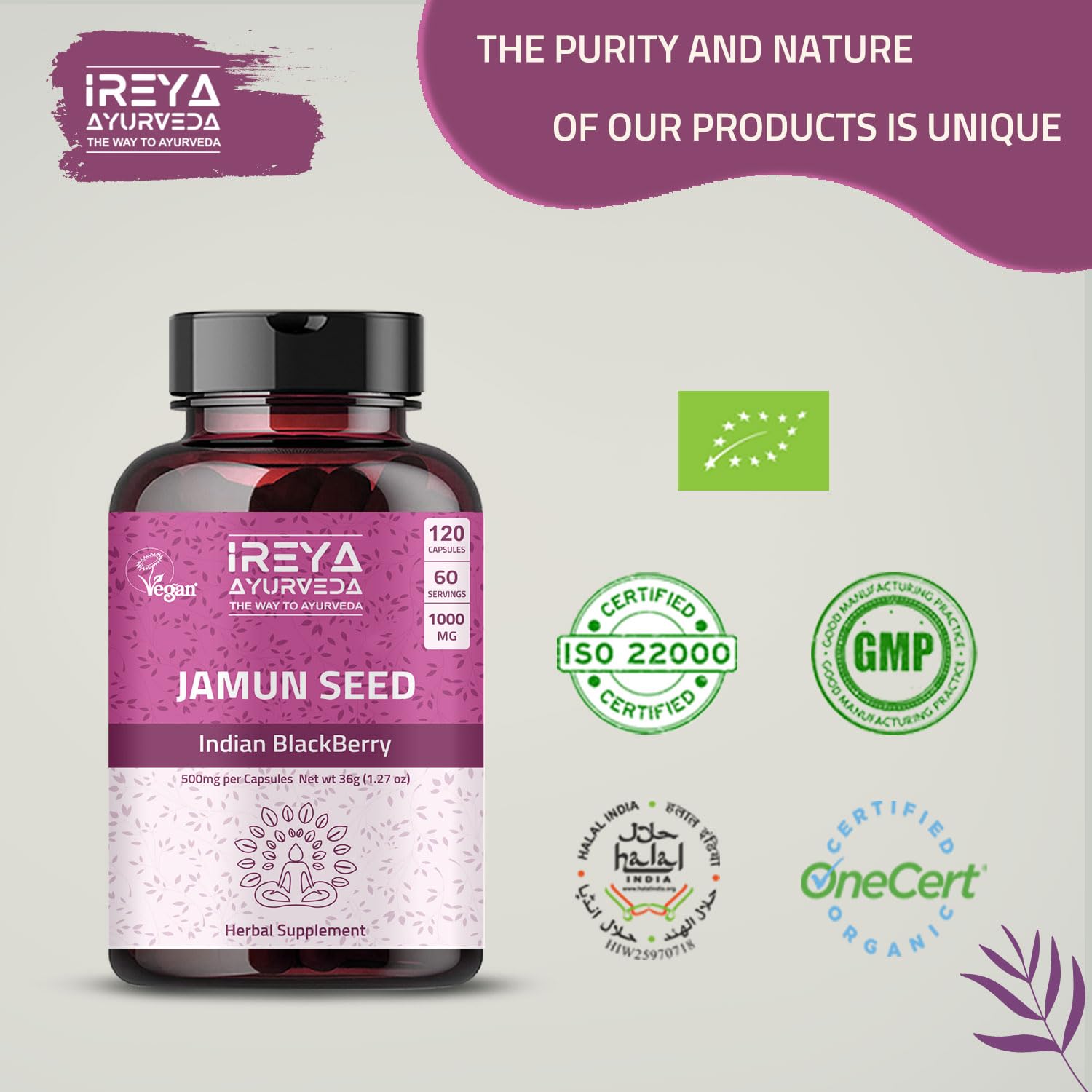 Empaque cápsulas jamun semilla y amla extracto orgánico