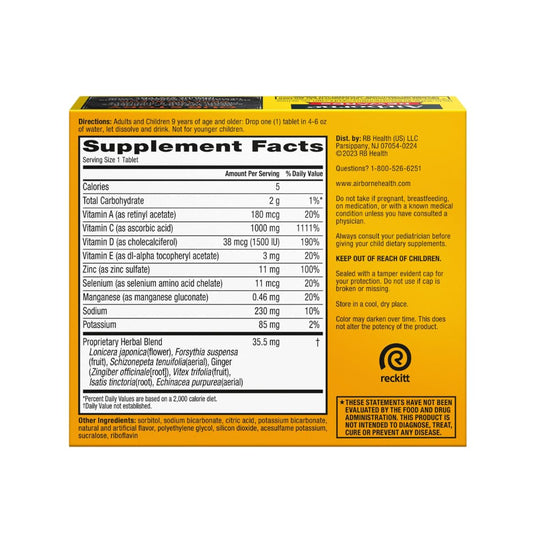 Empaque frontal Airborne vitamina c y zinc para apoyo inmunológico