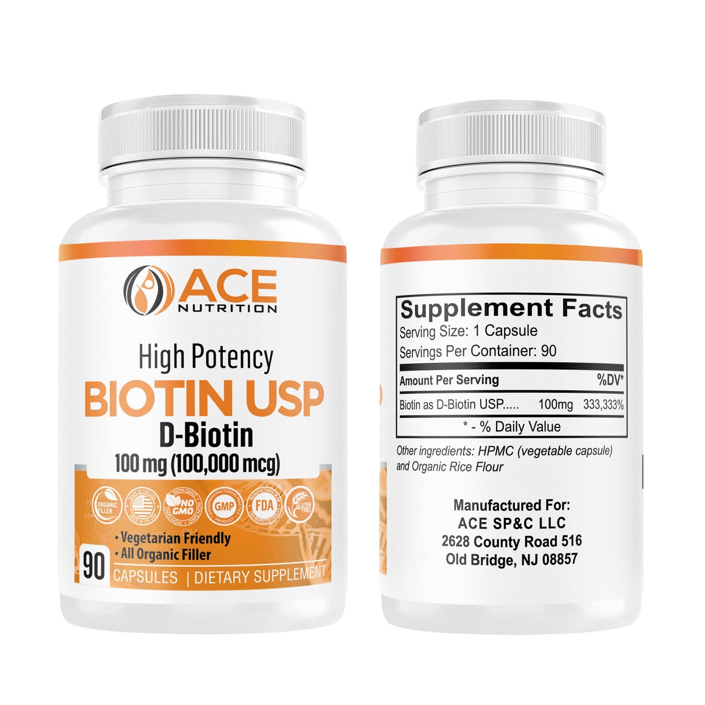 Empaque frontal Biotina Ace Nutrition alta potencia 90 cápsulas