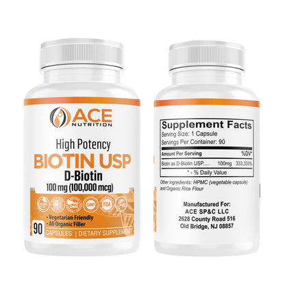 Empaque frontal Biotina Ace Nutrition alta potencia 90 cápsulas