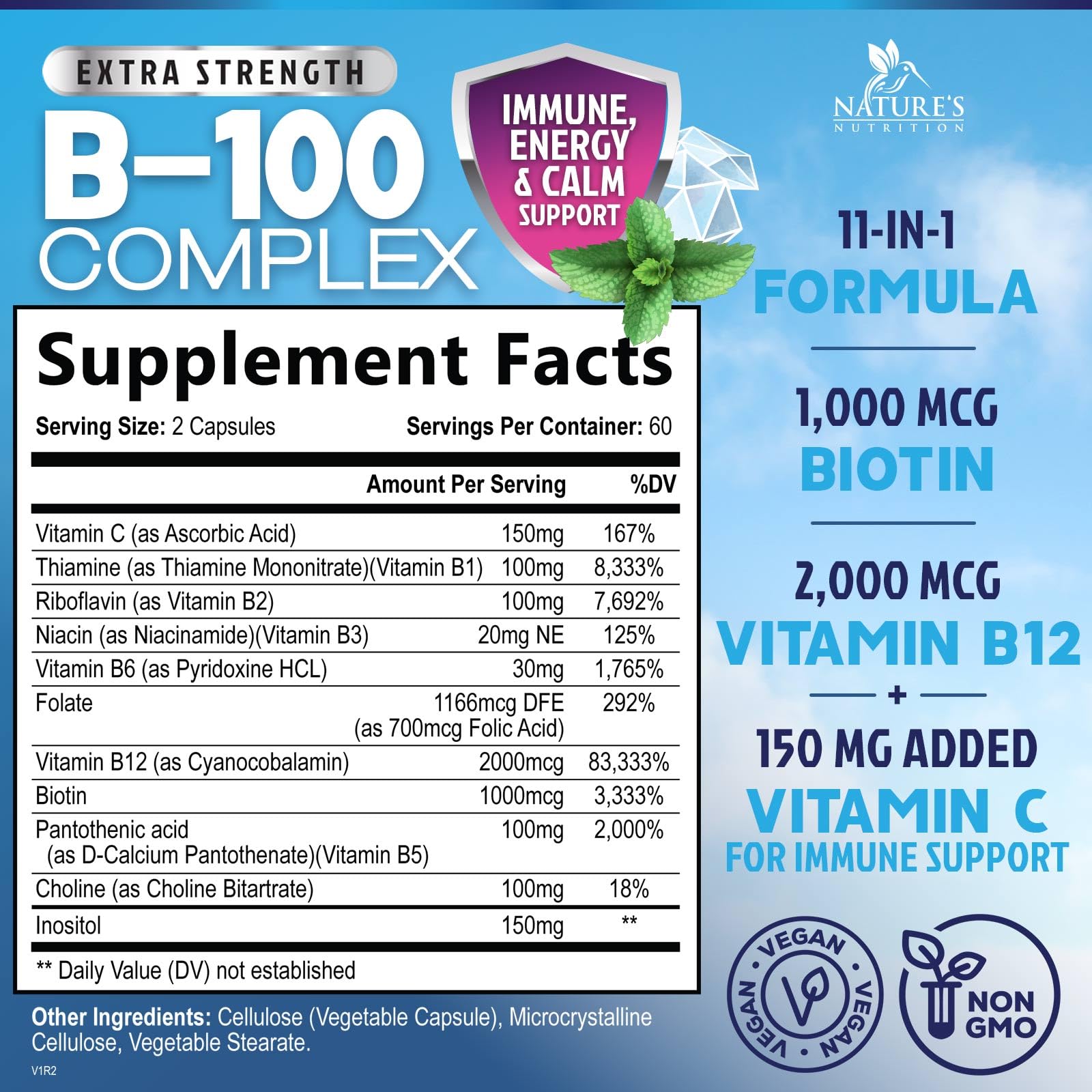 Empaque frontal complejo B Nature's Nutrition 120 cápsulas