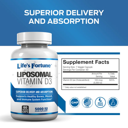 Empaque frontal suplemento vitamínico d3 5000 iu lifes fortune